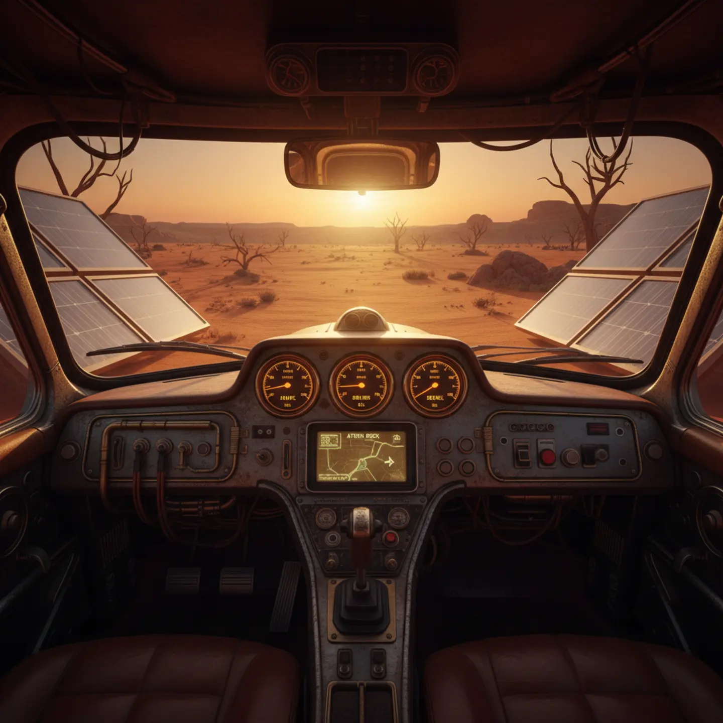 Command center of an outback solar rover looking out over a desert